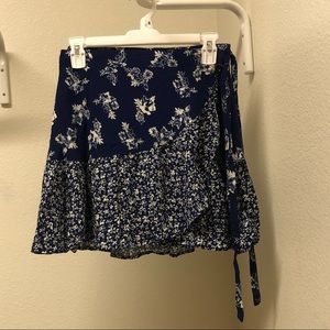 Navy blue and white floral wrap skirt